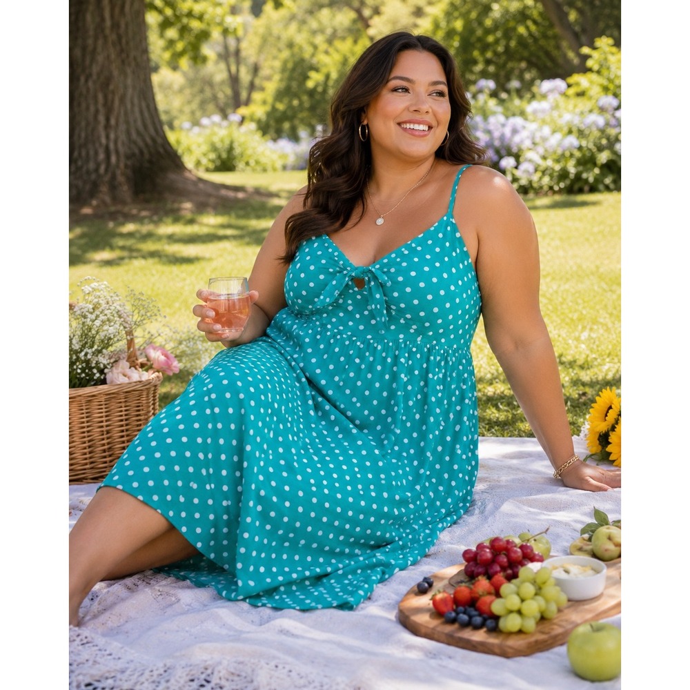 City Chic Teal Polka Dot Midi Dress Women's Size 24 Pinup Retro Swing Dress
